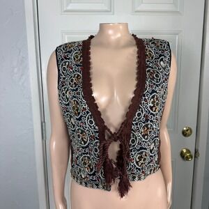 Vintage y2K Moda International Women' Top Shirt Medium Silk Bead Tassel Boho P17